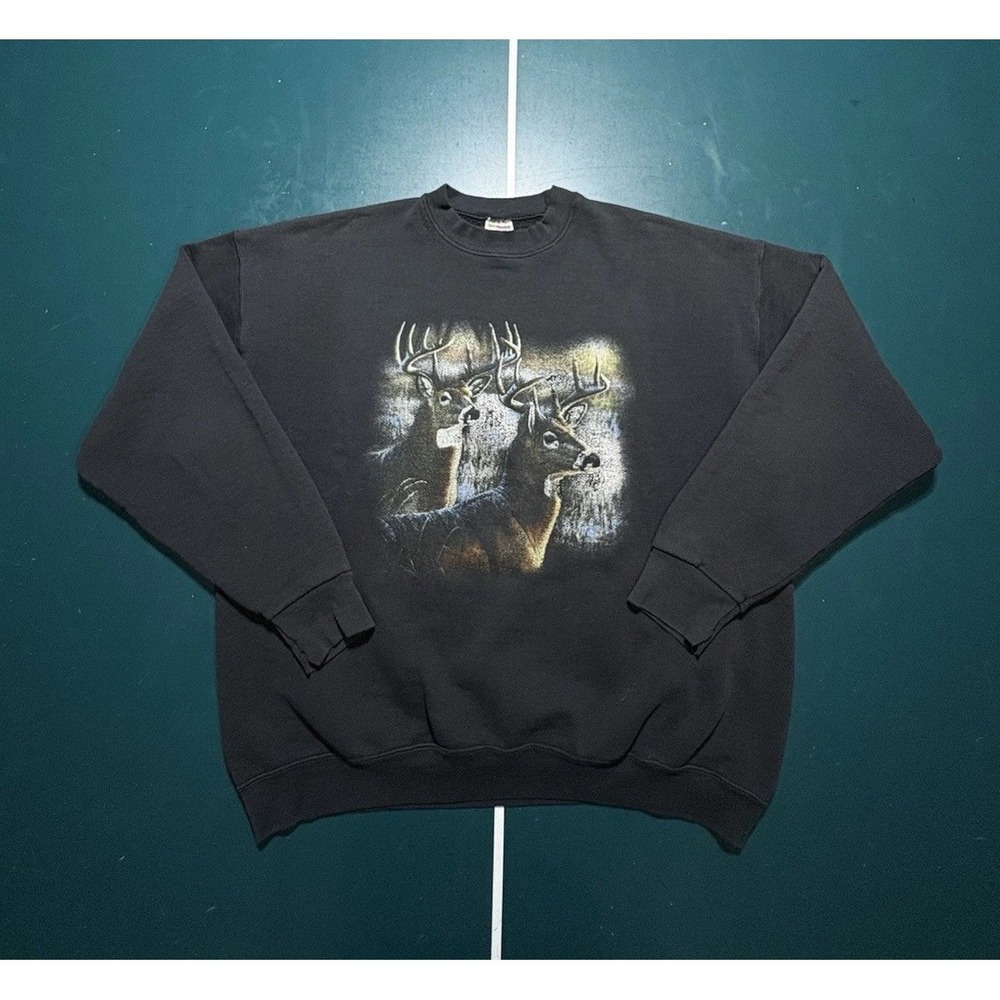 Vintage 90s‎ Deer Nature Outdoor Crewneck Sweatshirt Men's XL Black Animals
